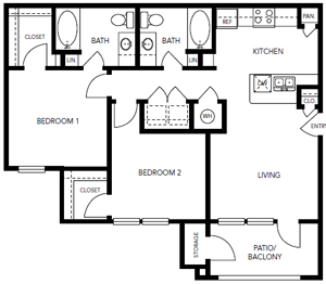 B1 - Two Bedroom / Two Bath - 942 Sq. Ft.*